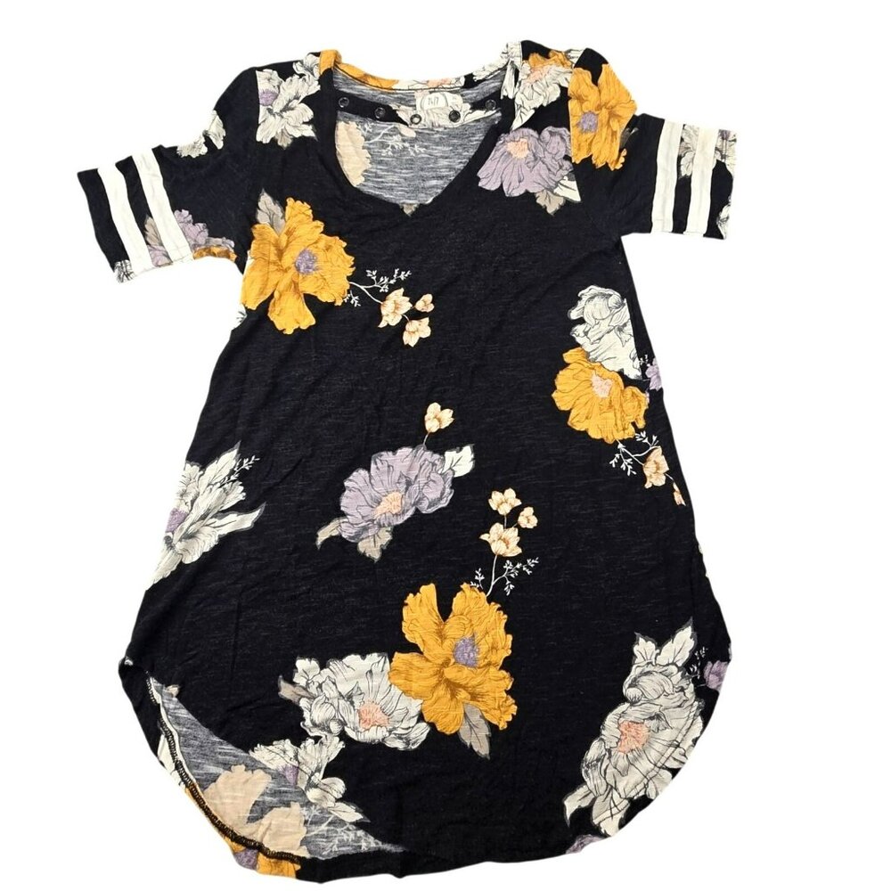 Maurices Floral Top Black & Yellow Strap V-Neck Striped Sleeves XS JH1832